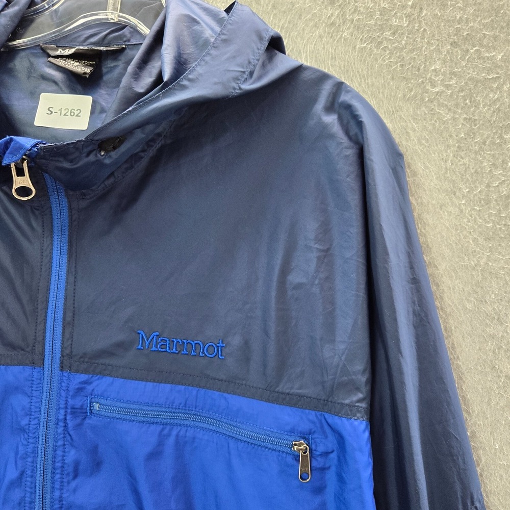 Marmot Men Jacket XL Blue Colorblock Windbreaker Full Zip Pockets Logo Hooded - Picture 9 of 10